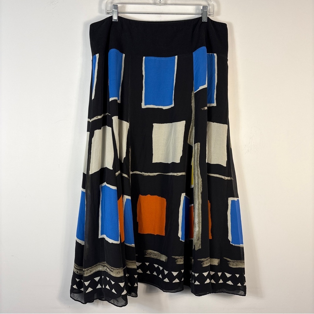 100% Silk Maxi Abstract Colourblock Geometric Skirt 2X 90s Y2k